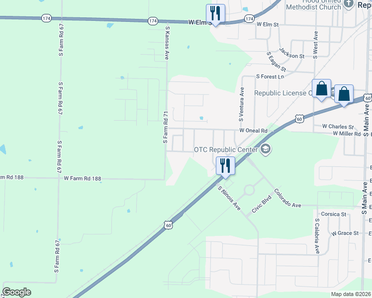 map of restaurants, bars, coffee shops, grocery stores, and more near 644 South Ashton Avenue in Republic
