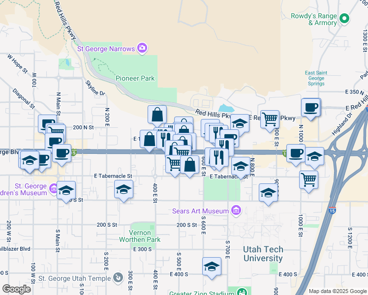 map of restaurants, bars, coffee shops, grocery stores, and more near 511 East 100 North in St. George