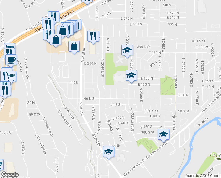 map of restaurants, bars, coffee shops, grocery stores, and more near 798 North 2080 East Circle in St. George