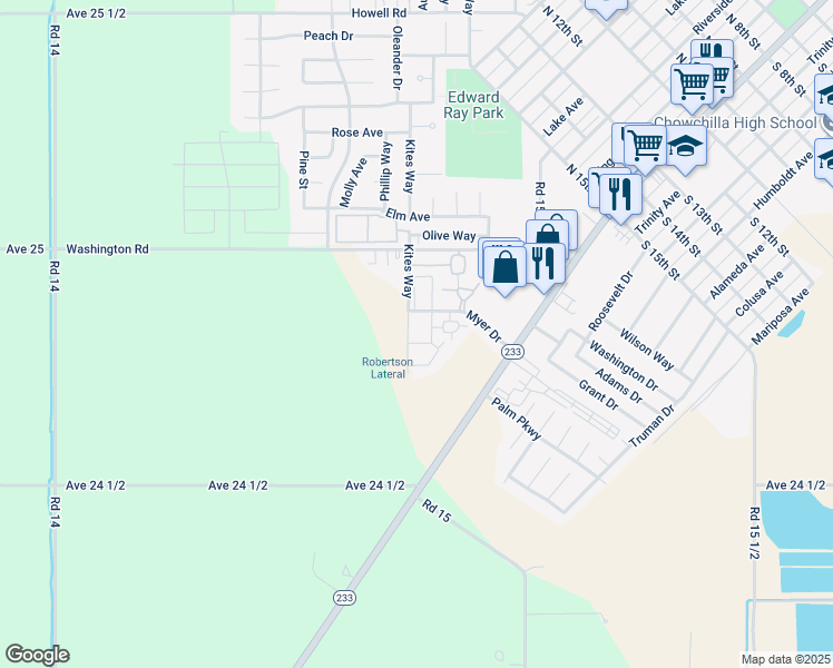 map of restaurants, bars, coffee shops, grocery stores, and more near 297 Myer Drive in Chowchilla
