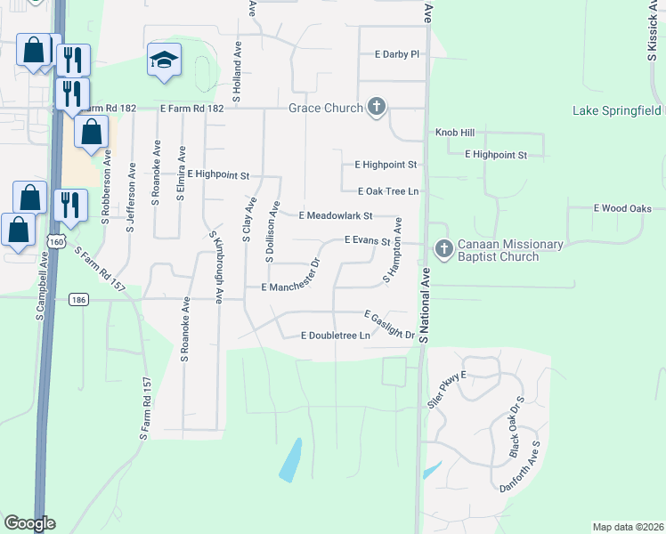 map of restaurants, bars, coffee shops, grocery stores, and more near 5725 South Kings in Springfield