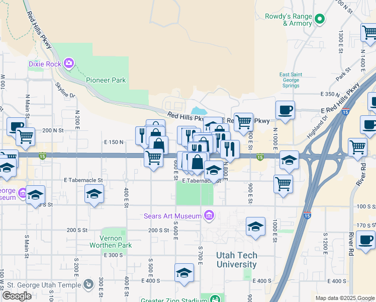 map of restaurants, bars, coffee shops, grocery stores, and more near 635e East 100 North in St. George