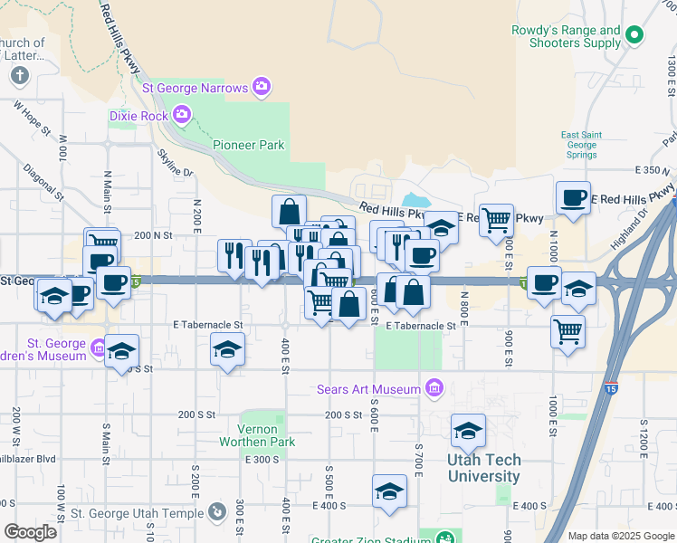 map of restaurants, bars, coffee shops, grocery stores, and more near 511 East 100 North in St. George