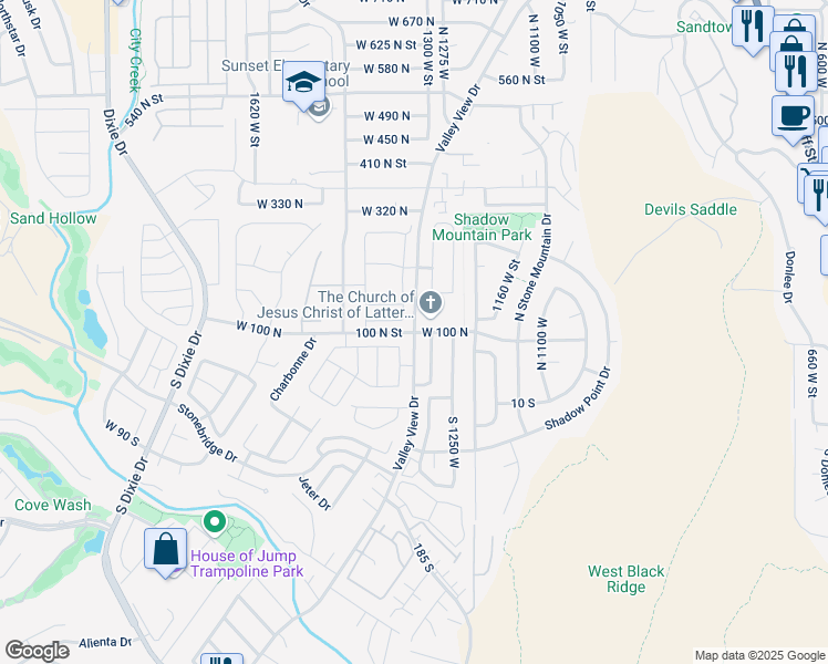 map of restaurants, bars, coffee shops, grocery stores, and more near 10 North Valley View Drive in St. George