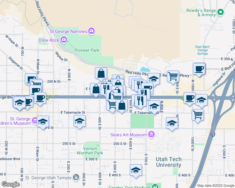 map of restaurants, bars, coffee shops, grocery stores, and more near 511 East Saint George Boulevard in St. George
