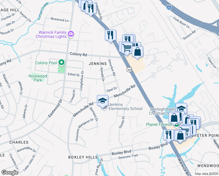 map of restaurants, bars, coffee shops, grocery stores, and more near 110 Opal Drive in Newport News