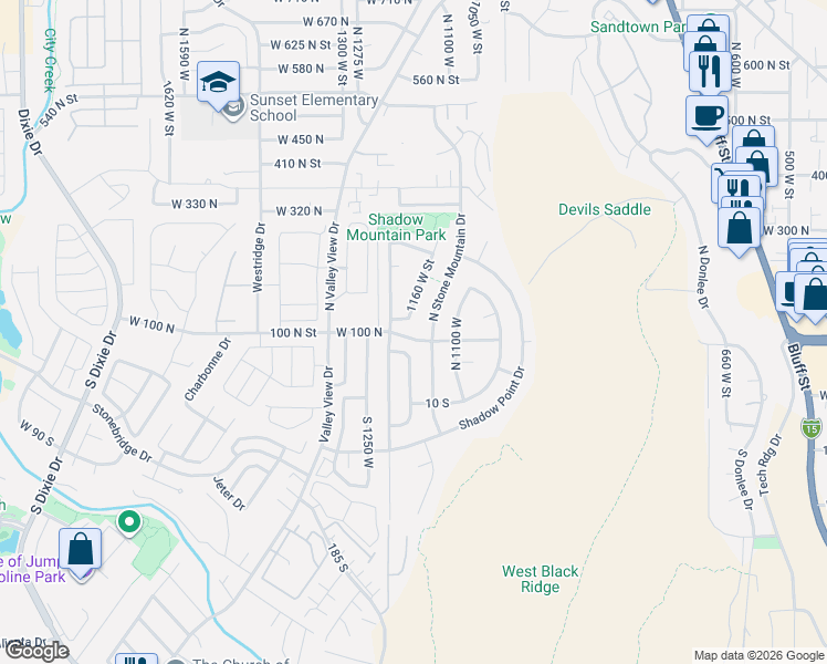 map of restaurants, bars, coffee shops, grocery stores, and more near 1157 West 120 North in St. George
