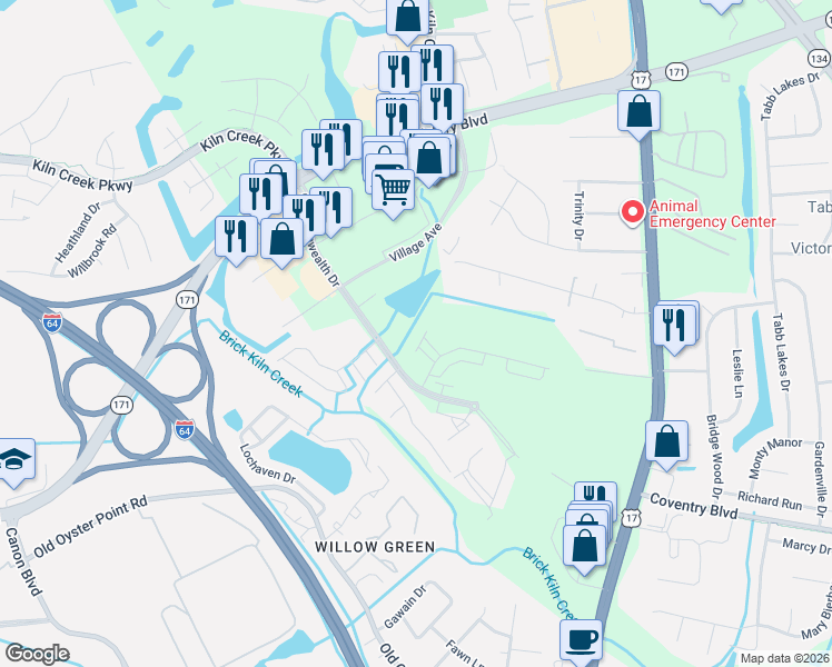 map of restaurants, bars, coffee shops, grocery stores, and more near 401 Commonwealth Drive in Yorktown