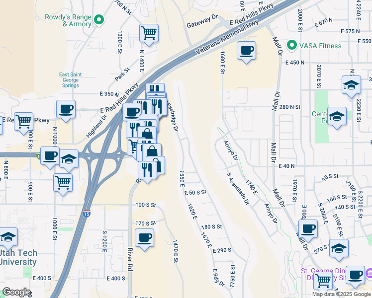map of restaurants, bars, coffee shops, grocery stores, and more near 126 East Ridge Drive in St. George