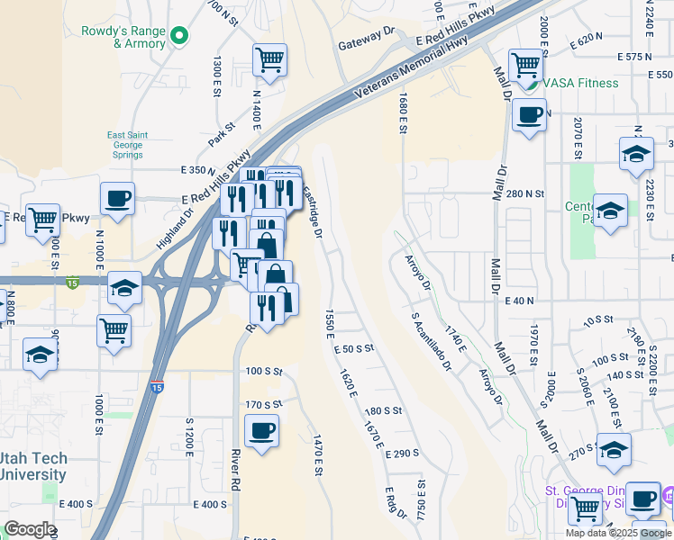 map of restaurants, bars, coffee shops, grocery stores, and more near 126 East Ridge Drive in St. George