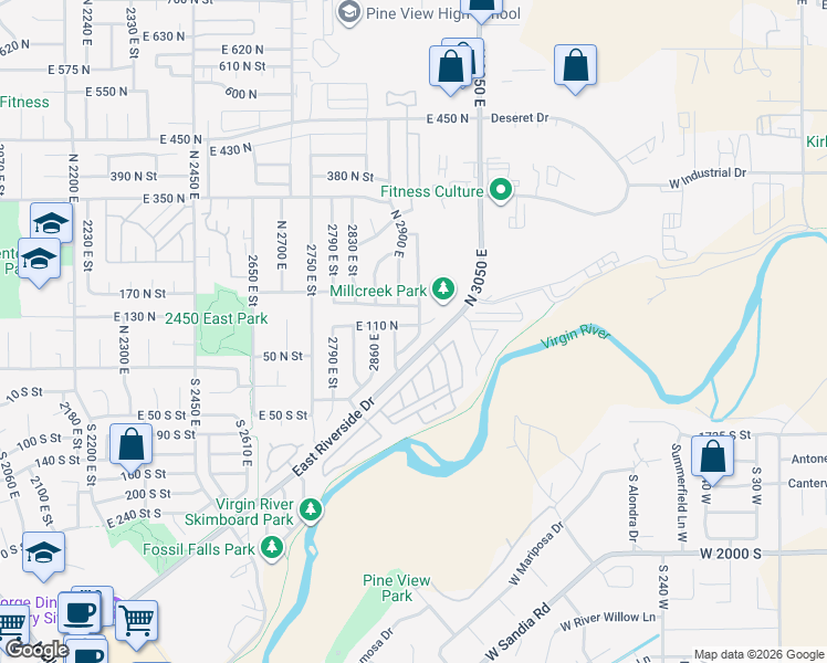 map of restaurants, bars, coffee shops, grocery stores, and more near 99 Lee Lane in Saint George