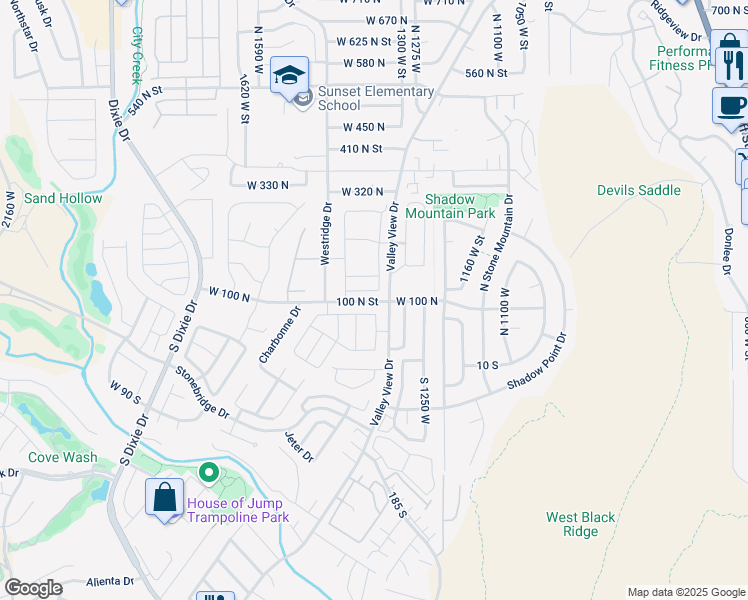 map of restaurants, bars, coffee shops, grocery stores, and more near 109 North Valley View Drive in St. George