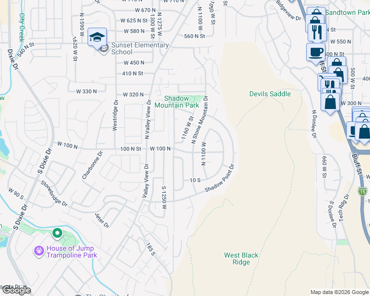 map of restaurants, bars, coffee shops, grocery stores, and more near 1157 West 120 North in St. George