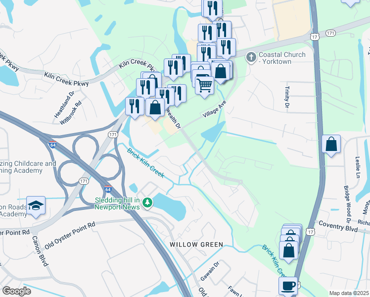 map of restaurants, bars, coffee shops, grocery stores, and more near 100 Regal Way in Newport News