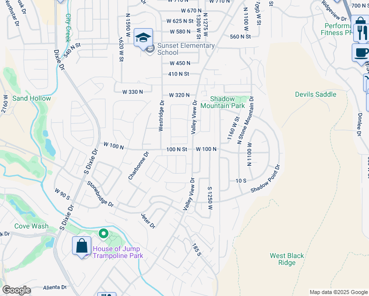 map of restaurants, bars, coffee shops, grocery stores, and more near 109 North Valley View Drive in St. George