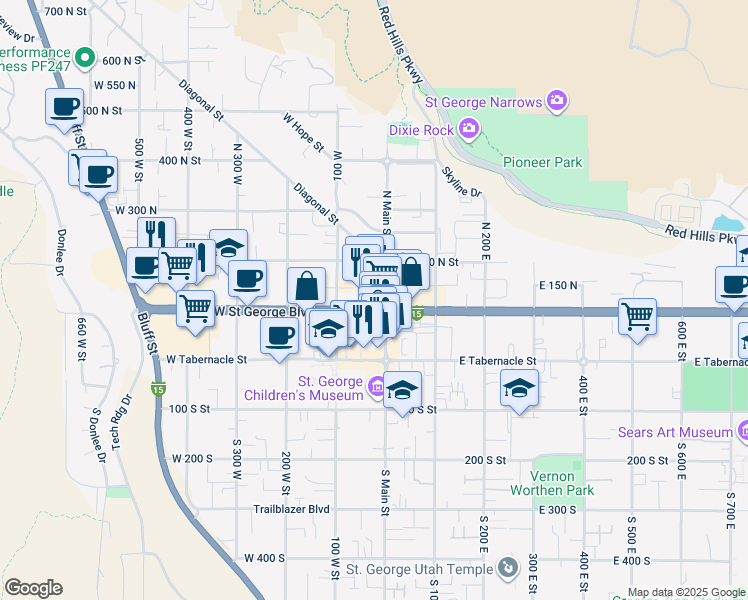 map of restaurants, bars, coffee shops, grocery stores, and more near 2 West Saint George Boulevard in St. George