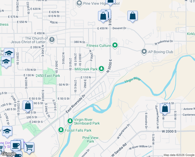 map of restaurants, bars, coffee shops, grocery stores, and more near 2948 East 110 North Circle in St. George