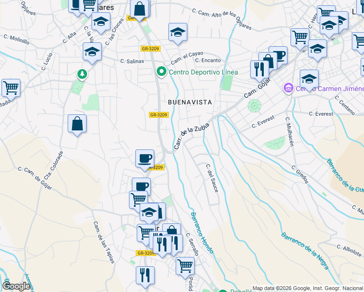 map of restaurants, bars, coffee shops, grocery stores, and more near 4 Calle del Abedul in Gójar