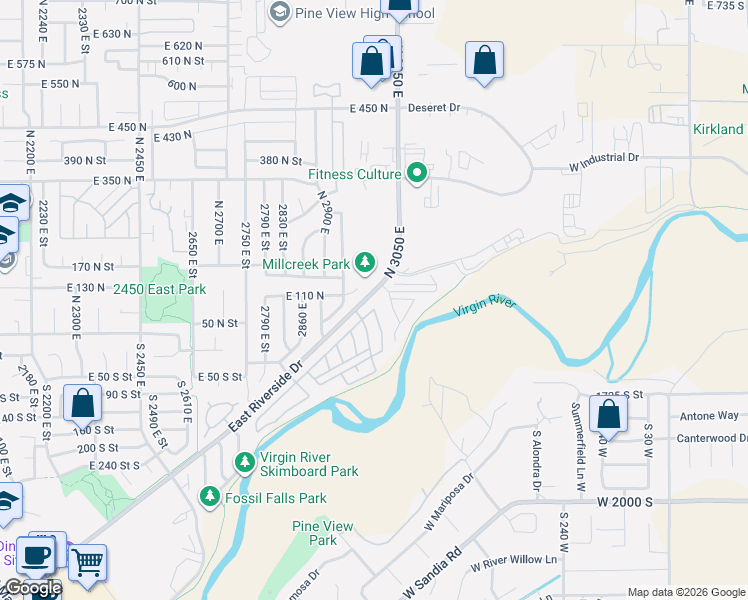 map of restaurants, bars, coffee shops, grocery stores, and more near 2990 East Riverside Drive in St. George