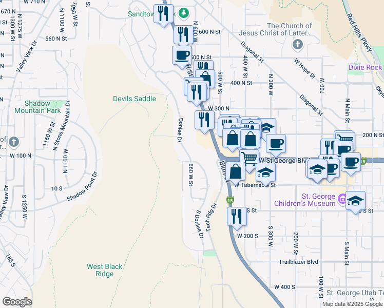 map of restaurants, bars, coffee shops, grocery stores, and more near 103 North Donlee Drive in St. George