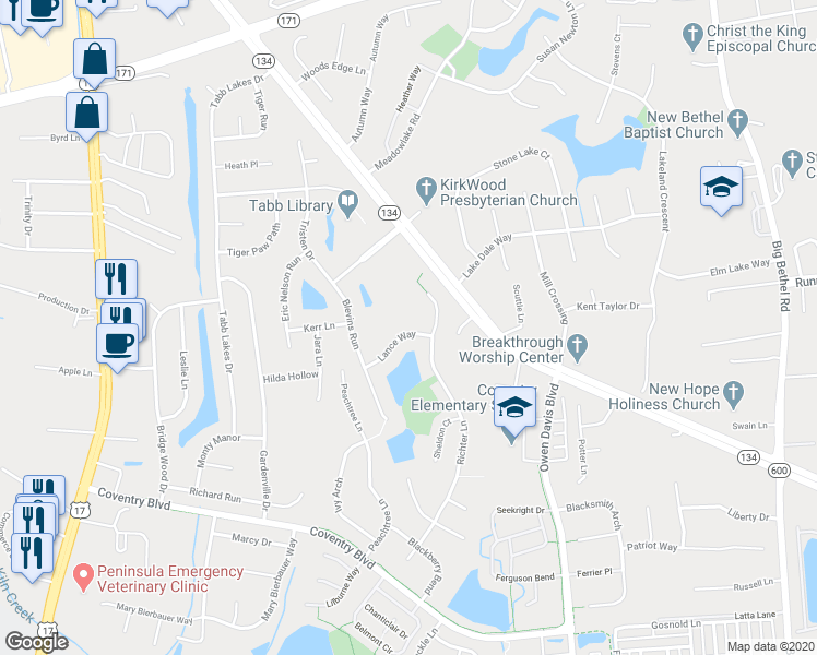 map of restaurants, bars, coffee shops, grocery stores, and more near 117 Lance Way in Yorktown