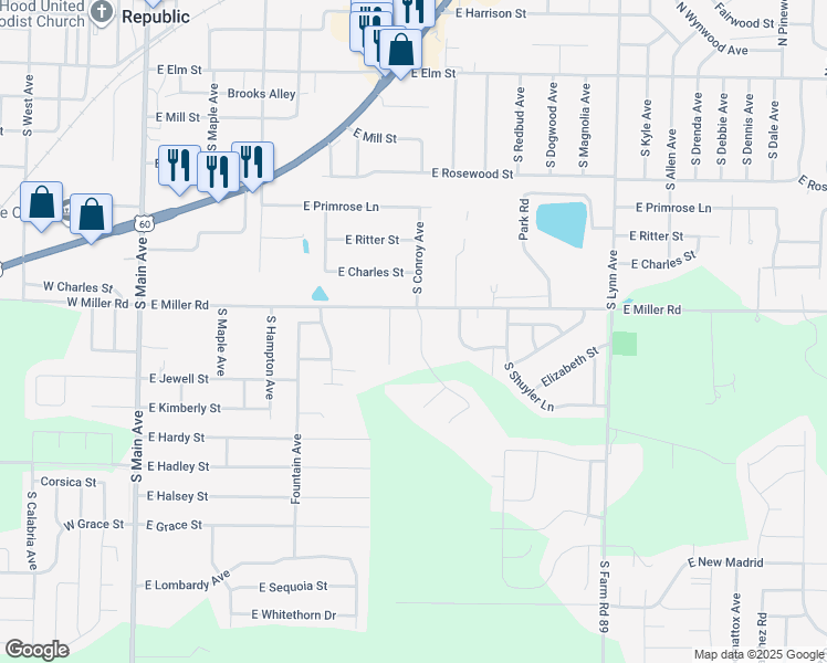 map of restaurants, bars, coffee shops, grocery stores, and more near 630 South Conroy Avenue in Republic