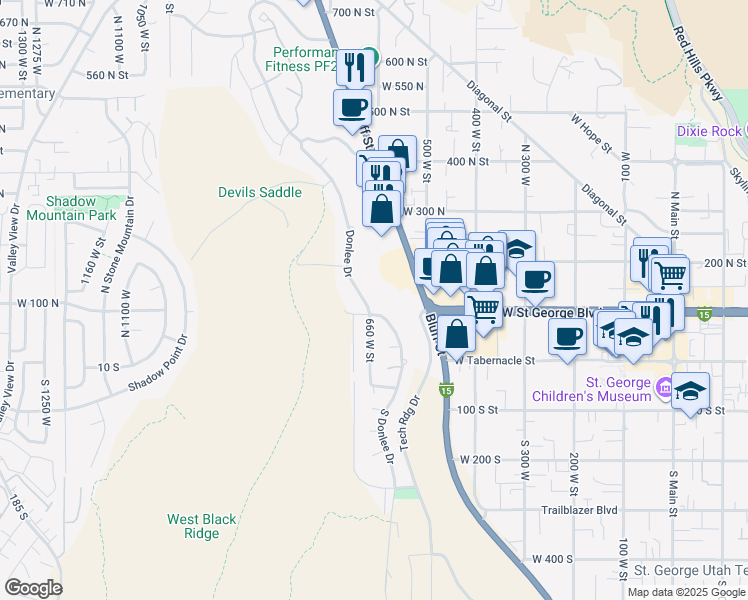 map of restaurants, bars, coffee shops, grocery stores, and more near 116 North Donlee Drive in St. George