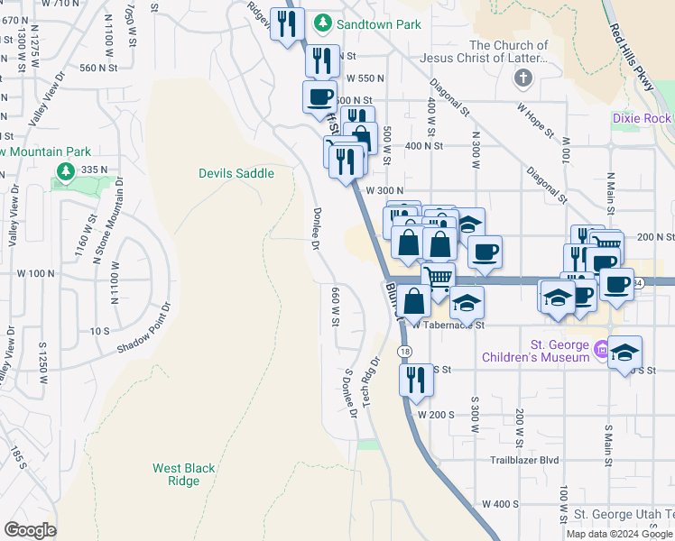 map of restaurants, bars, coffee shops, grocery stores, and more near 116 North Donlee Drive in St. George
