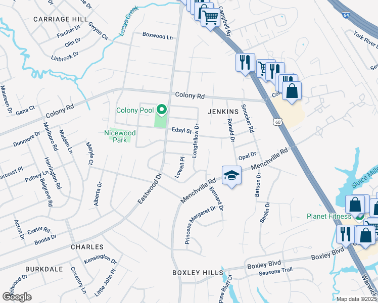 map of restaurants, bars, coffee shops, grocery stores, and more near 215 Bret Harte Drive in Newport News