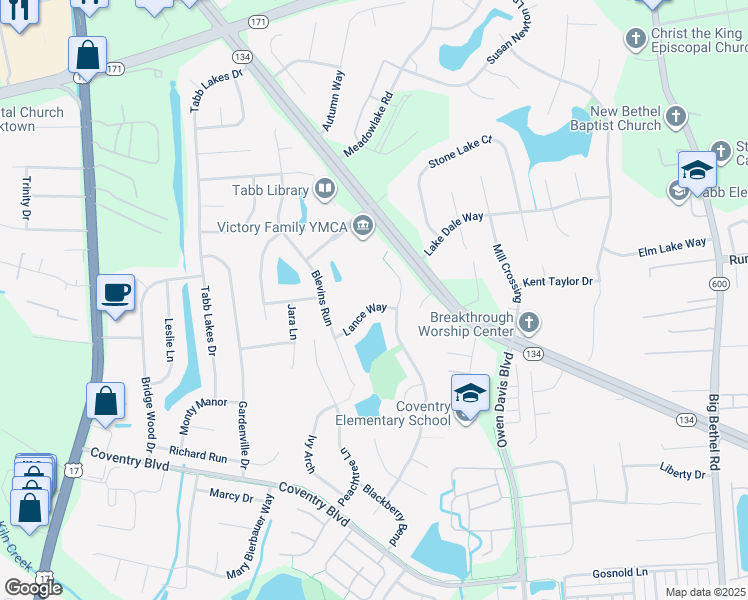 map of restaurants, bars, coffee shops, grocery stores, and more near 117 Lance Way in Yorktown