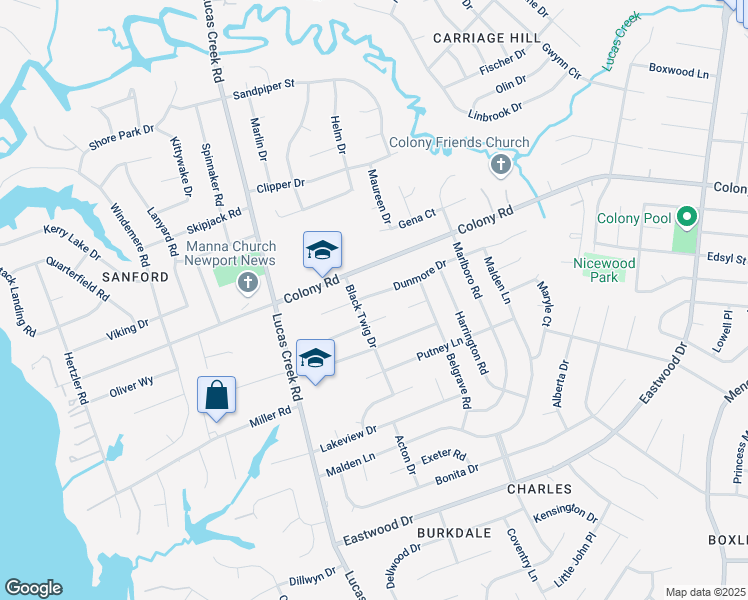 map of restaurants, bars, coffee shops, grocery stores, and more near 461 Dunmore Drive in Newport News