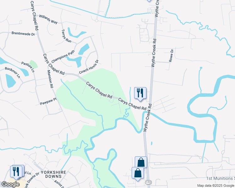 map of restaurants, bars, coffee shops, grocery stores, and more near 200 Carys Chapel Road in Yorktown