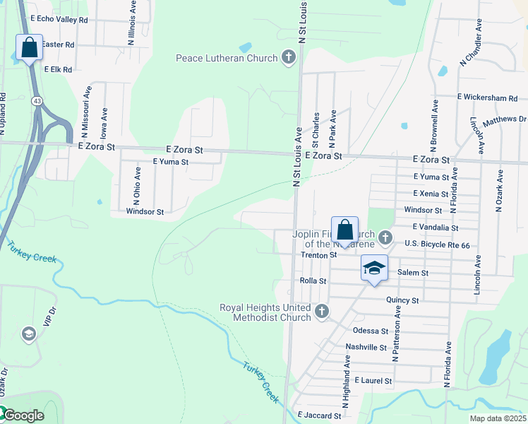 map of restaurants, bars, coffee shops, grocery stores, and more near South Street in Joplin