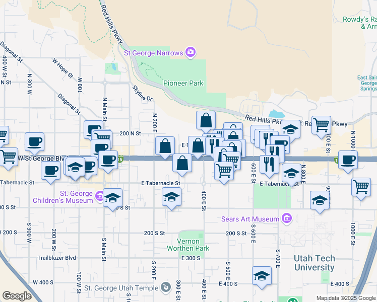 map of restaurants, bars, coffee shops, grocery stores, and more near 395 East 100 North in St. George