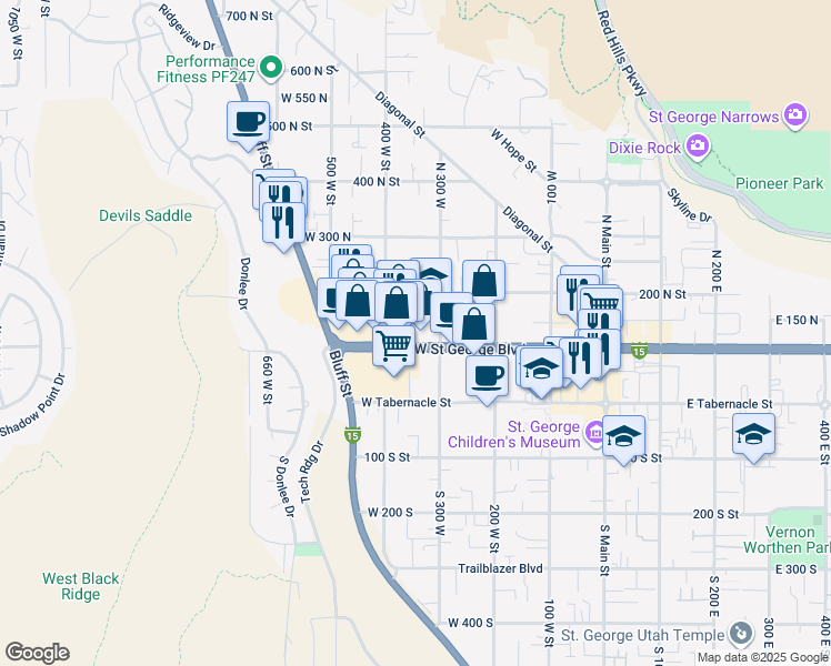 map of restaurants, bars, coffee shops, grocery stores, and more near 358 West Saint George Boulevard in St. George