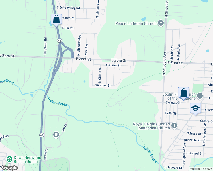 map of restaurants, bars, coffee shops, grocery stores, and more near 1706 North Indiana Avenue in Joplin