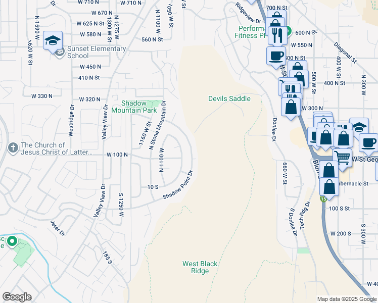 map of restaurants, bars, coffee shops, grocery stores, and more near 127 Shadow Point Drive in St. George