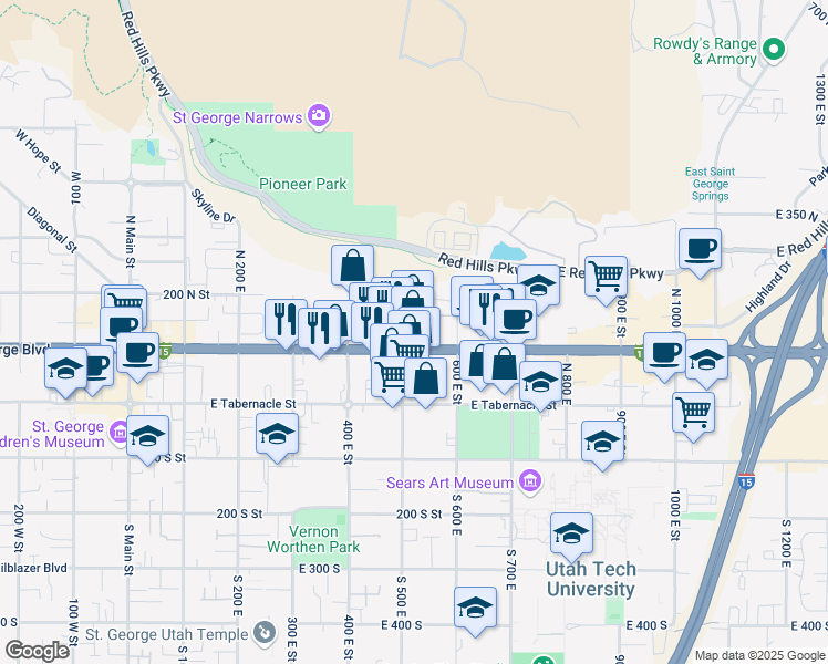 map of restaurants, bars, coffee shops, grocery stores, and more near 511 East 100 North in St. George