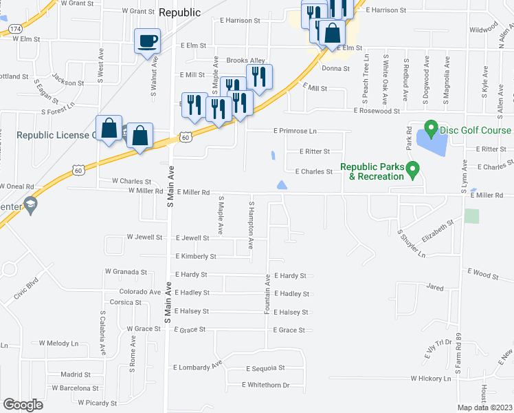 map of restaurants, bars, coffee shops, grocery stores, and more near 616 South Hampton Avenue in Republic