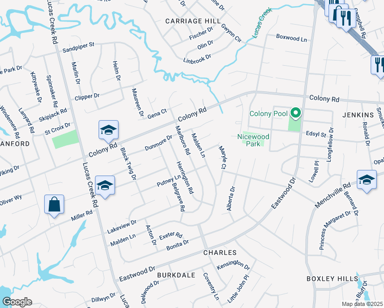 map of restaurants, bars, coffee shops, grocery stores, and more near 330 Marlboro Road in Newport News