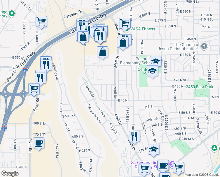 map of restaurants, bars, coffee shops, grocery stores, and more near 145 North Mall Drive in St. George