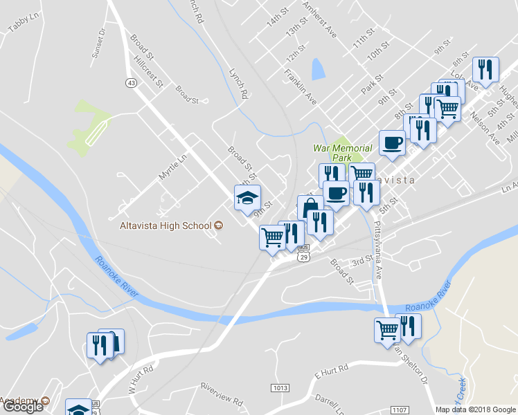map of restaurants, bars, coffee shops, grocery stores, and more near 404 9th Street in Altavista