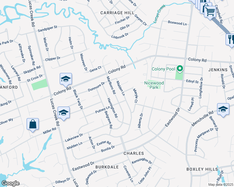 map of restaurants, bars, coffee shops, grocery stores, and more near 330 Marlboro Road in Newport News