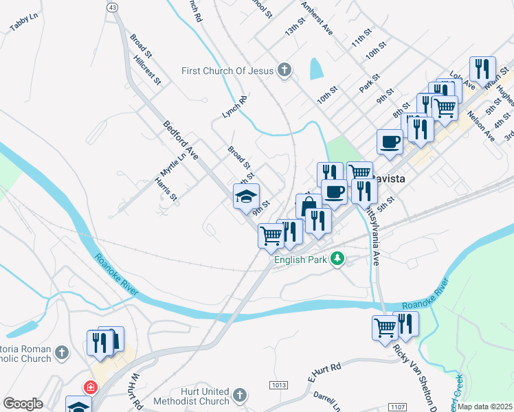 map of restaurants, bars, coffee shops, grocery stores, and more near 404 9th Street in Altavista