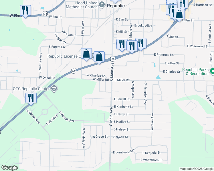 map of restaurants, bars, coffee shops, grocery stores, and more near 662 Rilynn Avenue in Republic