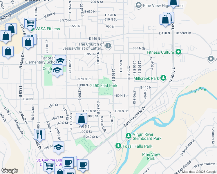 map of restaurants, bars, coffee shops, grocery stores, and more near 2450 East Park Loop in St. George