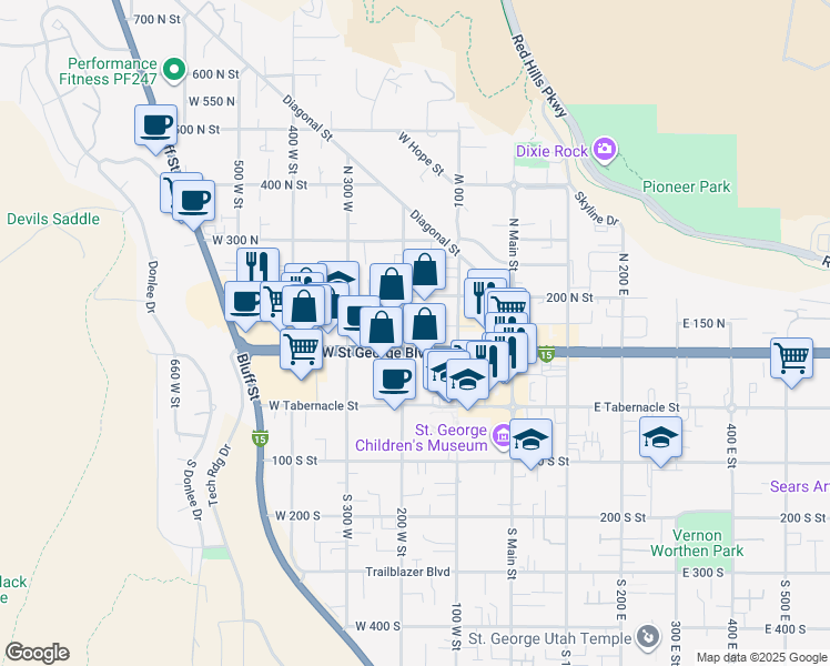 map of restaurants, bars, coffee shops, grocery stores, and more near 200e West Saint George Boulevard in St. George