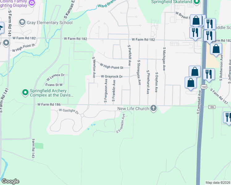 map of restaurants, bars, coffee shops, grocery stores, and more near 5748 South Franklin Avenue in Springfield