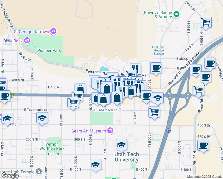 map of restaurants, bars, coffee shops, grocery stores, and more near 102 North 700 East in St. George