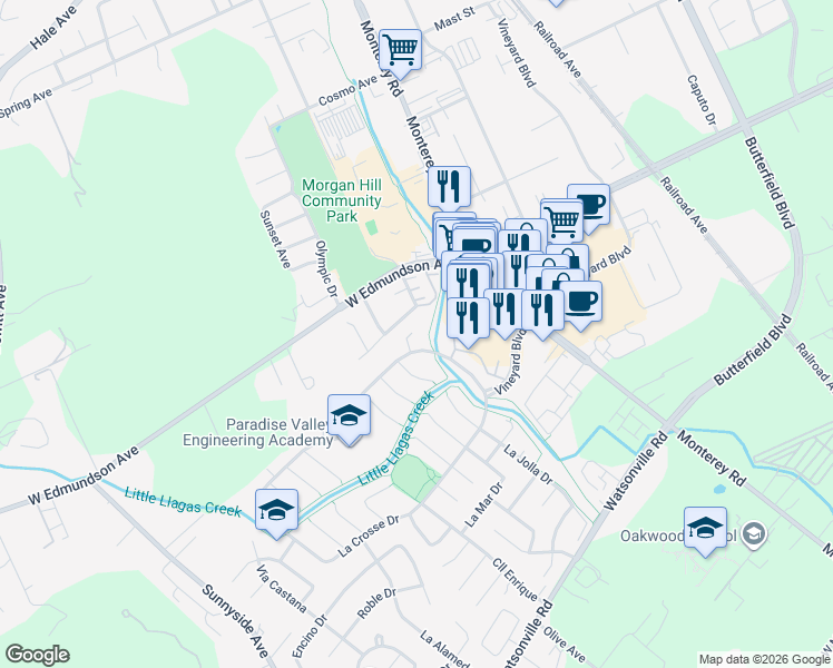 map of restaurants, bars, coffee shops, grocery stores, and more near 133 La Crosse Drive in Morgan Hill